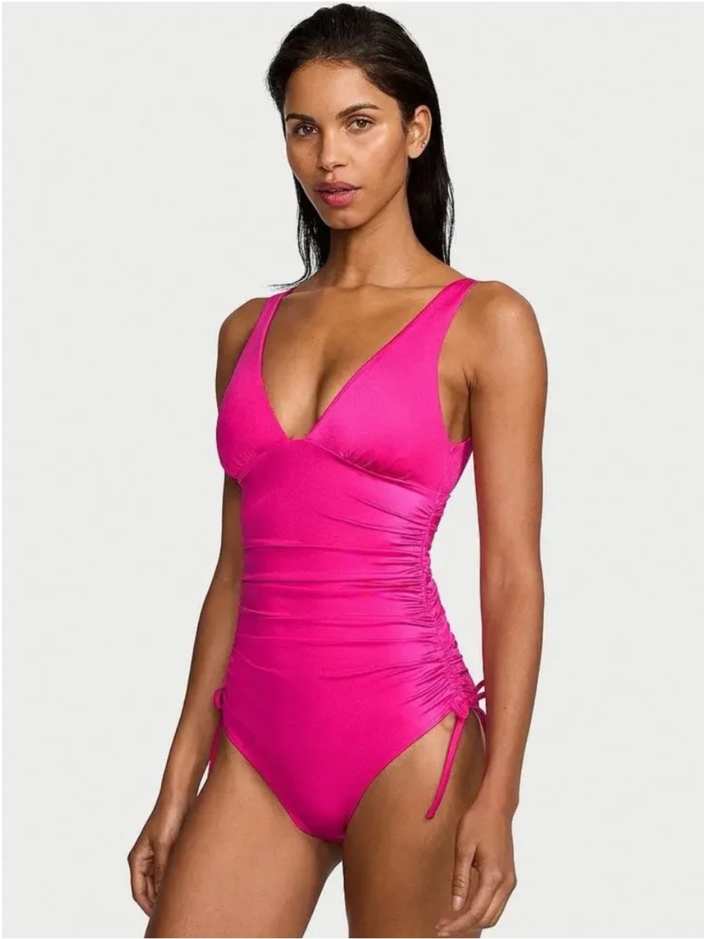 Victoria's Secret Ruched Plunge One Piece Swimsuit Hot Pink